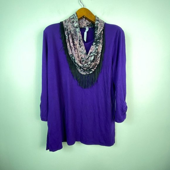 NY Collection Womens Plus 1X Dark Purple 3/4 Sleeve Scarf Tunic Top NWT BL11 - Picture 2 of 7